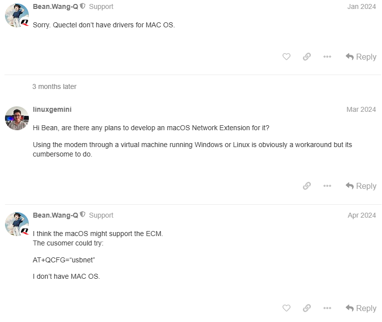 Bean Wang of Quectel responding: "I think the macOS might support the ECM."