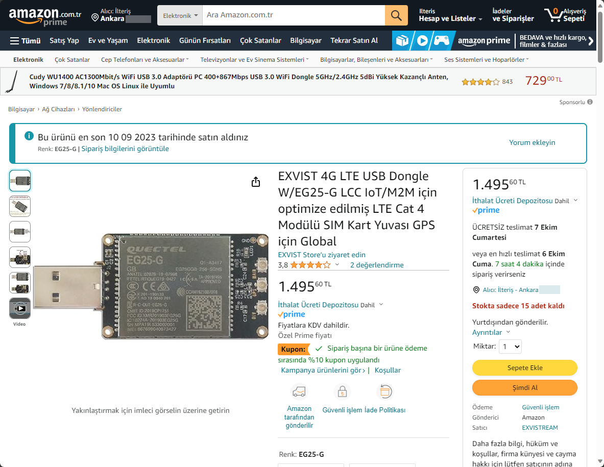 Screenshot of Amazon Turkey, listing the EXVIST USB Dongle, containing the Quectel EG25-G chip.