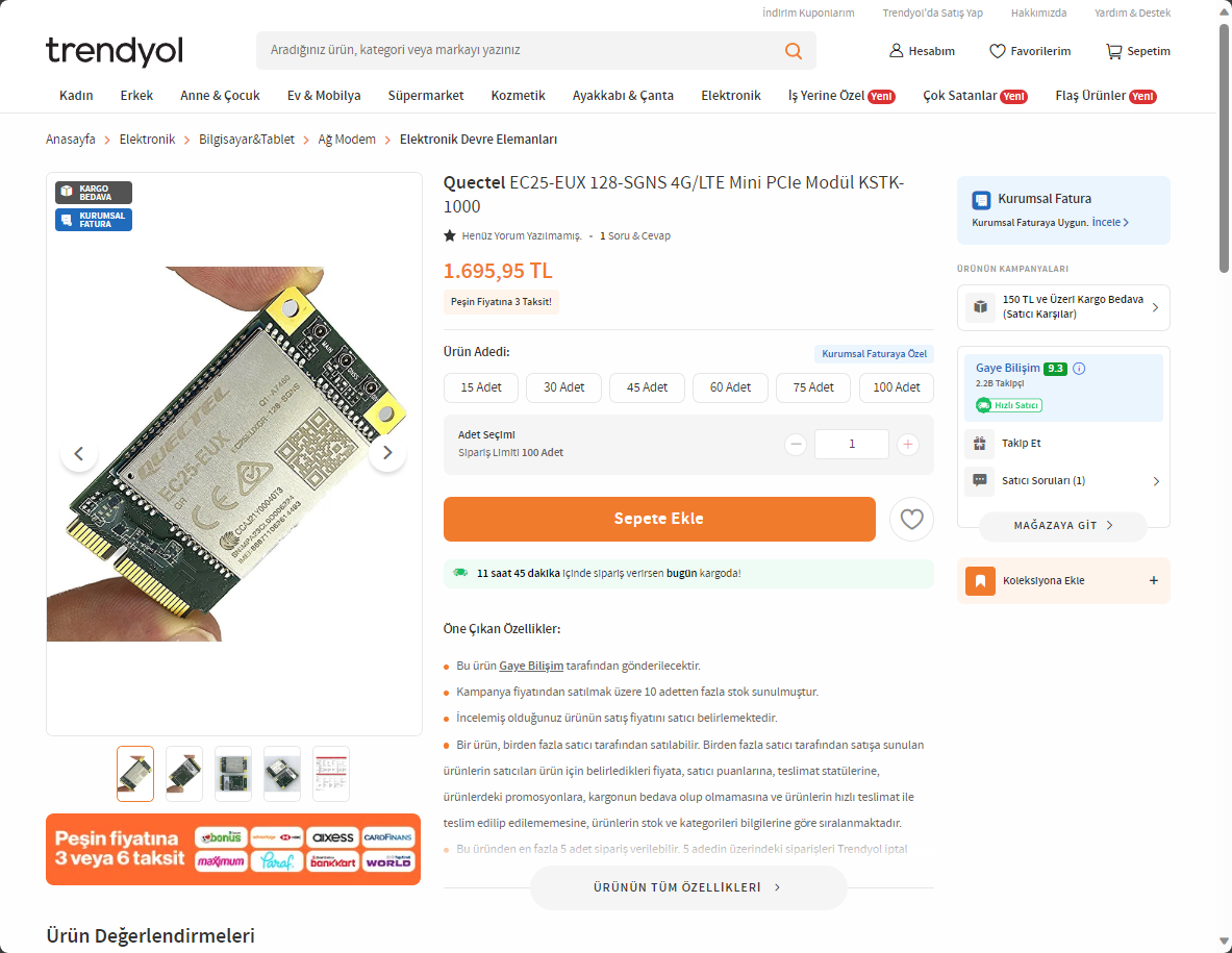Screenshot of Trendyol, showing a listing of the Quectel EC25-EUX mini-PCIe module.