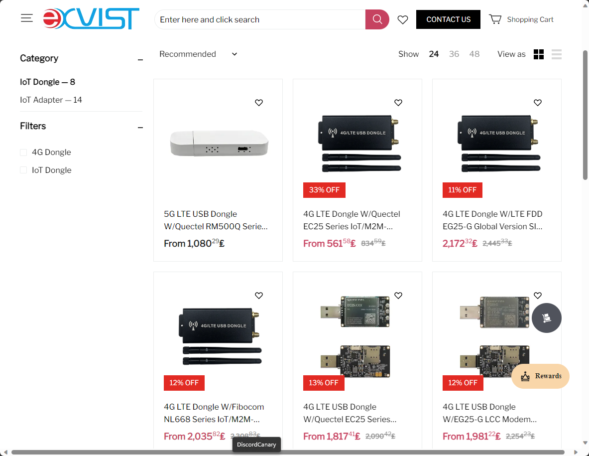Screenshot of EXVIST's website, showing their "IoT Dongles".