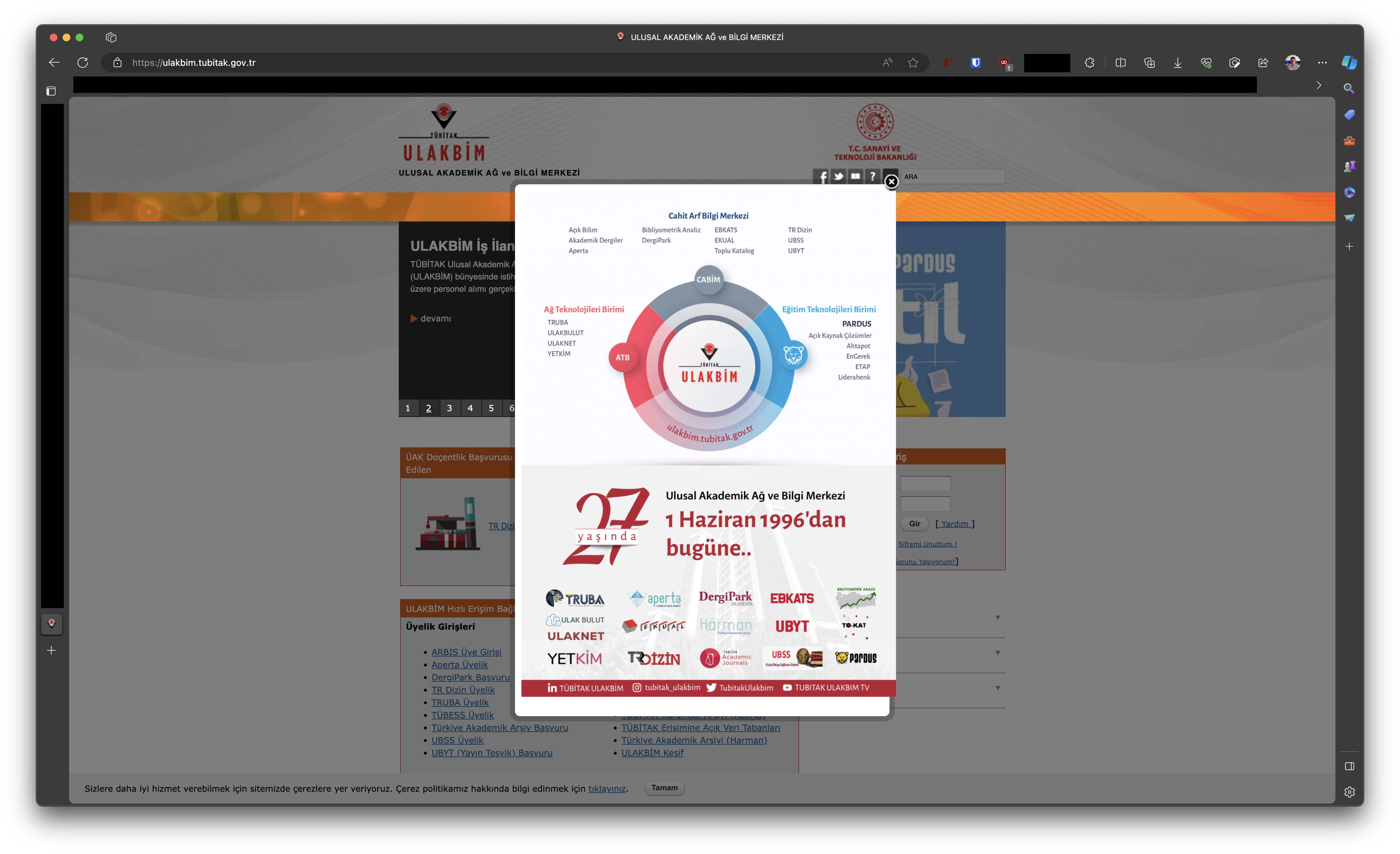 Screenshot of ULAKBİM's website, visited with Microsoft Edge.