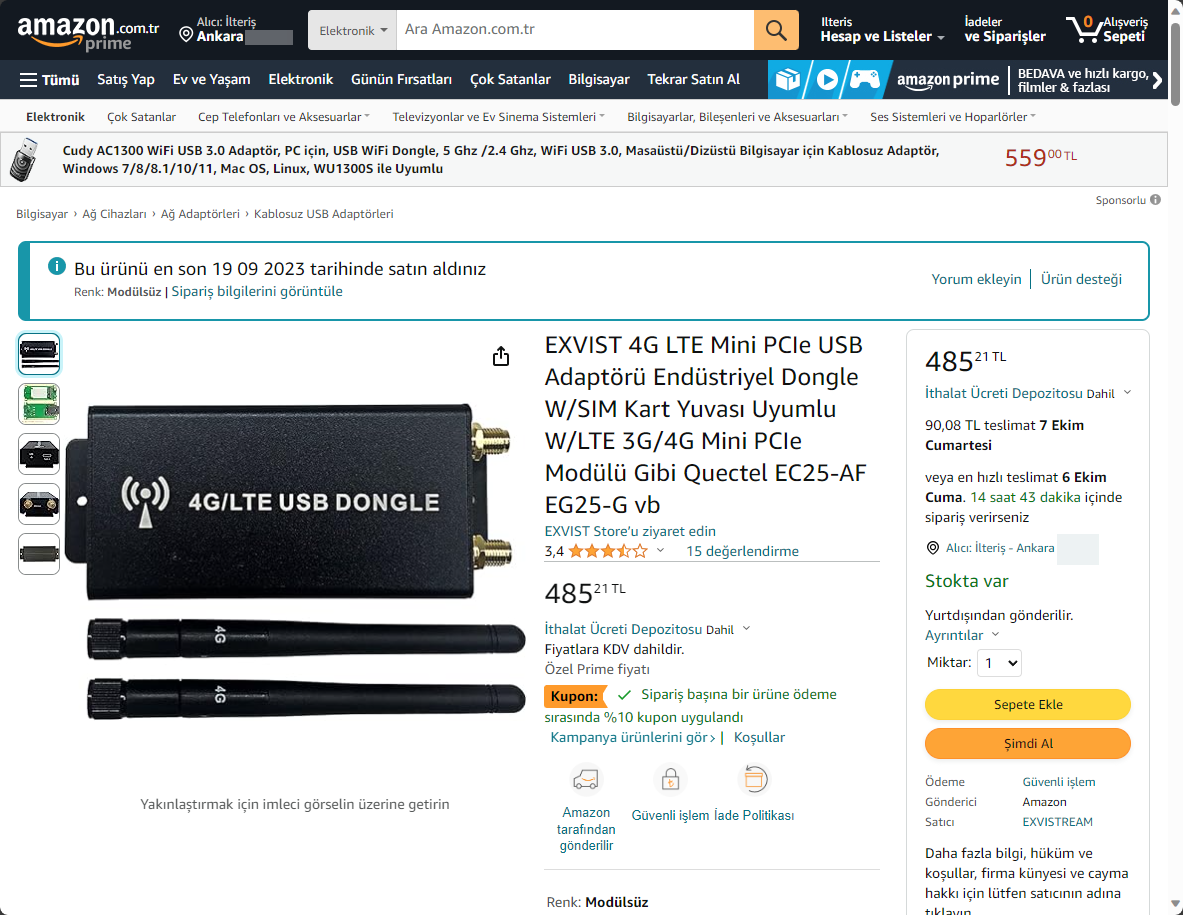 Screenshot of Amazon Turkey, listing the EXVIST USB carrier enclosure.