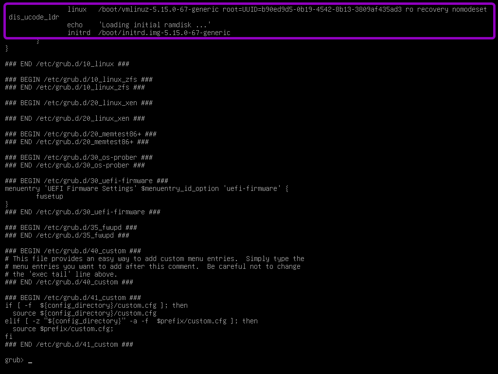 boot parameters from the actual grub configuration